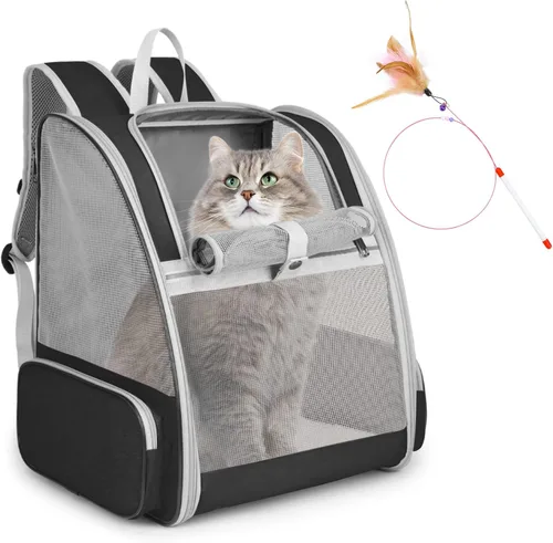 Miniatura 10 de Mochila transportadora para gatos, mochila grande para mascotas con varita de gatito, juguete de plumas para perros medianos y pequeños, gatos