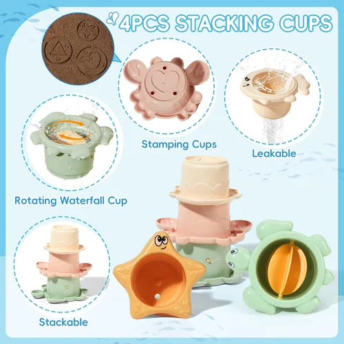 Miniatura 6 de Juguetes de baño para niños de 1 a 3 años, 16 unidades Juguetes de baño fáciles de limpiar y sin moho para bebés con tazas apilables Regadera