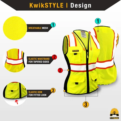 Miniatura 3 de KwikSafety - Charlotte, NC - Chaleco de seguridad para mujer, tiras reflectantes de alta visibilidad, cumple con ANSI y OSHA Amarillo