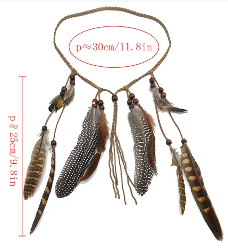 Miniatura 2 de Diadema de plumas indias, tocado ajustable marrón, borlas tribales de plumas, cuerda de cáñamo para carnaval, disfraz hippie, fiesta, festival