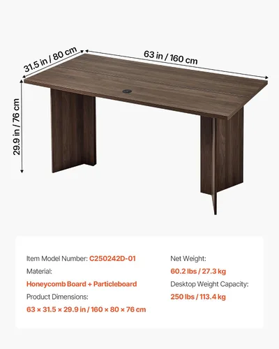 Miniatura 2 de VEVOR Escritorio ejecutivo de 63 pulgadas, mesa de oficina rectangular grande y moderna, mesa ejecutiva de madera resistente con orificio de Nogal