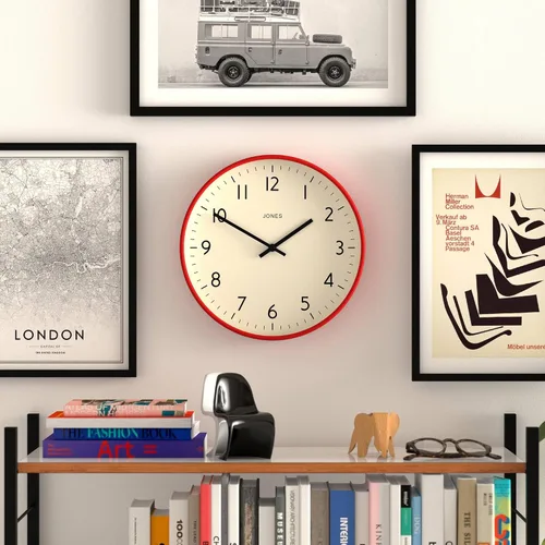 Miniatura 2 de JONES CLOCKS® Reloj de pared de estudio Estilo redondo moderno 12 pulgadas Rojo Números fáciles de leer Diseño versátil para cocina, sala