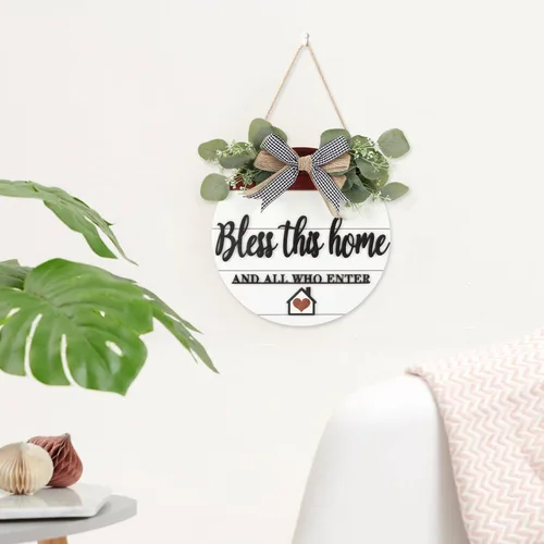 Miniatura 7 de TOARTi Letrero 3D de madera "Bless This Home" para colgar en la puerta, señal de bienvenida para porche y pared con lazo-nudo y guirnalda, señal