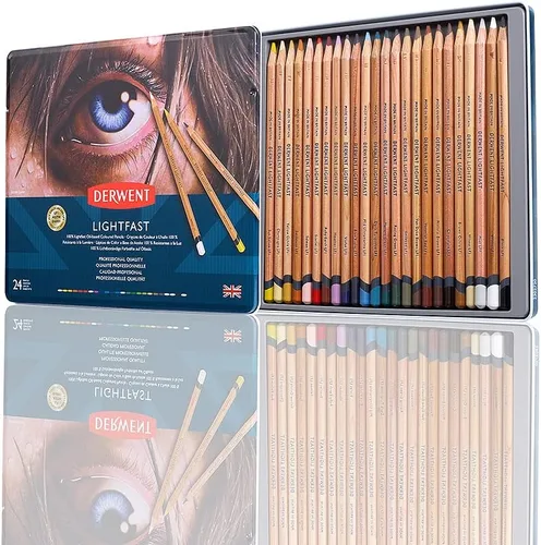 Derwent Lápices de colores resistentes a la luz 24 lápices en caja metálica, juego de 24, núcleo de 4mm de ancho, 100% resistente a la luz, a base