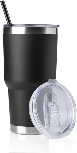 Miniatura 25 de DOMICARE Vaso de 30 oz con tapa y pajita, vasos de acero inoxidable a granel, aislado al vacío de doble pared para café, vaso duradero