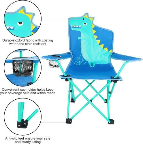Miniatura 5 de KABOER Silla plegable para césped y camping para niños con portavasos y bolsa de transporte, sillas de camping para niños Dinosaurio