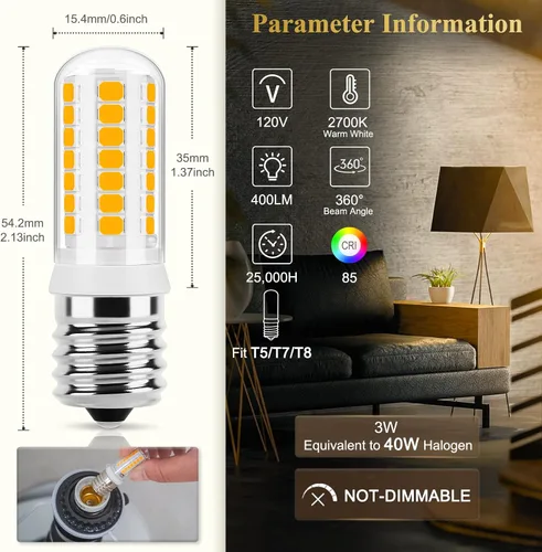 Miniatura 2 de DiCUNO Bombilla LED E17 para debajo del horno de microondas, 2700 K blanco cálido, 3 W (reemplazo halógeno de 40 W) 400 lm 120 V E17 bombilla
