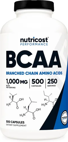 Nutricost BCAA 1000mg, 500 Cápsulas (250 Porciones), Aminoácidos de Cadena Ramificada 2:1:1 (500mg de L-Leucina, 250mg de L-Isoleucina y L-Valina)