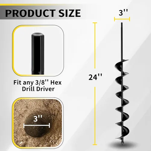 Miniatura 2 de Broca de taladro de jardín de 3 x 24 pulgadas para plantar y excavar agujeros de poste, diseño en espiral mejorado, eje sólido, compatible