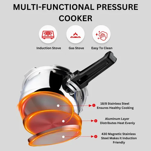 Miniatura 3 de Vinod Platinum Triply - Olla a presión de acero inoxidable de triple capa con tapa exterior - 68 onzas, apta para inducción, certificada ISI, olla a