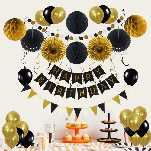 Miniatura 4 de ZERODECO Decoración de fiesta de cumpleaños, pancarta de feliz cumpleaños con abanicos de papel, bolas de nido de abeja, banderines triangulares