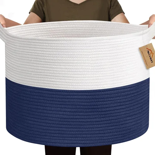 Miniatura 12 de MEGASKET Cesta grande de juguetes para niños, cesta tejida suave de cuerda de algodón de 22" x 14", cesta de almacenamiento para juguetes para Azul