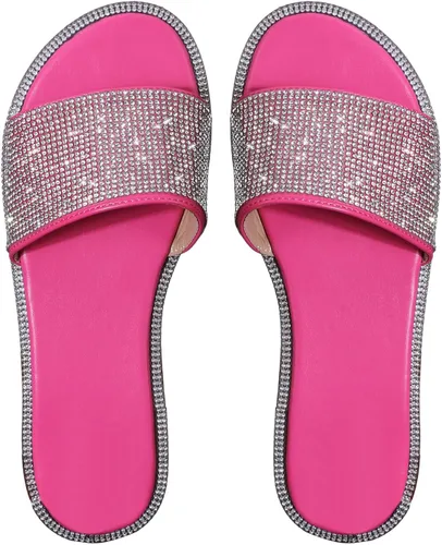GORGLITTER Sandalias brillantes con diamantes de imitación, sandalias planas informales de verano, sandalias planas con purpurina y puntera abierta
