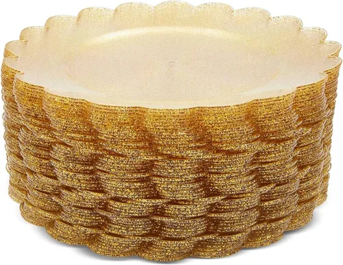 Miniatura 5 de BLUE PANDA Paquete de 50 platos de plástico dorados, platos dorados con purpurina con bordes festoneados, desechables para cumpleaños, bodas