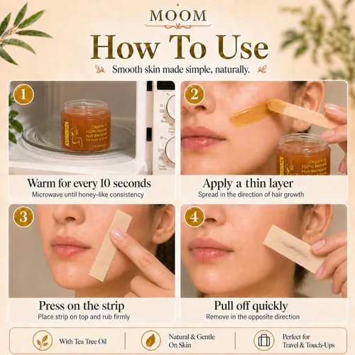 Miniatura 4 de MOOM Kit de cera orgánica de viaje con aloe, aceite de árbol de té y manzanilla para la cara, esmalte de cera de azúcar natural con 6 tiras de tela