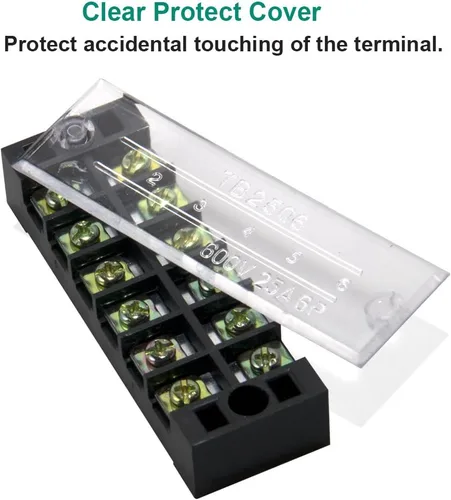 Miniatura 3 de 10 piezas (5 juegos) Bloques de tira de terminal de tornillo de 6 posiciones de doble hilera 600 V 25 A con cubierta + tira de barrera de terminales
