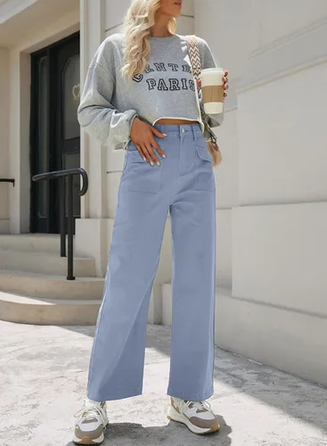 Miniatura 3 de Dokotoo Pantalones cargo para mujer, holgados, de pierna ancha, cintura alta, pantalones casuales de jean elásticos