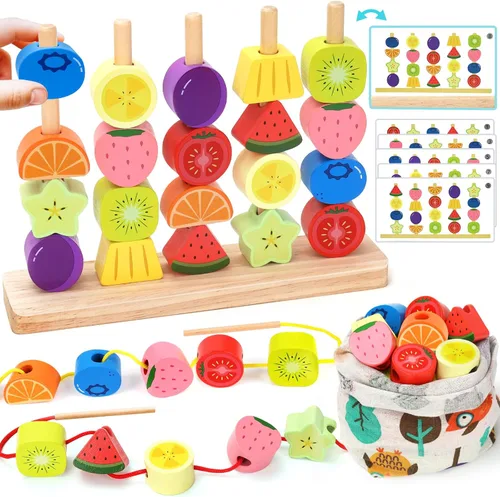 Montessori - Juguetes apilables de cuentas de madera: regalos de cumpleaños para niños y niñas de 2, 3 y 4 años, juego de secuencia para niños