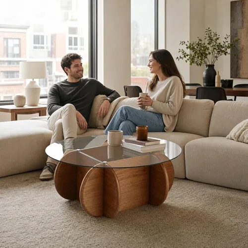 Miniatura 6 de Noguchi - Mesas de centro redondas transparentes de cristal con patas de madera maciza y mesa de vidrio templado para sala de estar, hogar, espacio