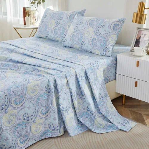 Brandream Juego de sábanas tamaño King con estampado floral lujoso estilo bohemio con medallón azul y estampado de cachemira, colección de ropa de