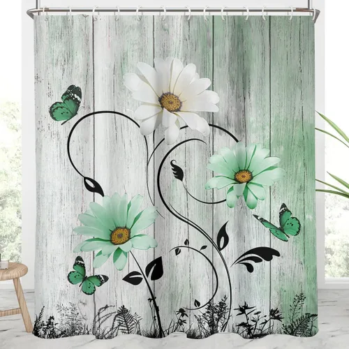 Miniatura 27 de AAtter Cortina de ducha floral azul rústica boho gris blanco amarillo margarita naturaleza negro botánico telón azul verdoso turquesa tela única