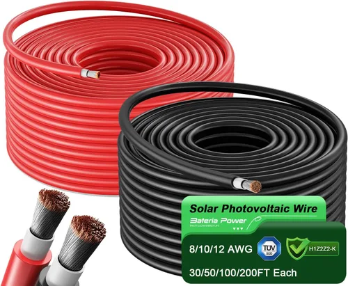 Bateria Power Kit de cable de panel solar de 50 pies negro y rojo de 50 pies, cable de extensión de panel solar de 10 AWG (6 mm²), cable de cobre