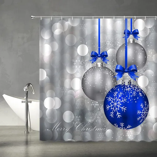 Cortina de ducha de Feliz Navidad, bola de Navidad azul y plateada, brillante, impresa, feliz año nuevo, fiesta, juego de decoración de baño,
