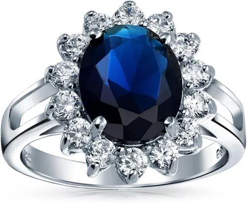 Miniatura 19 de Anillo de compromiso de plata de ley 925 personalizable con halo de corona ovalada de 5 a 7 quilates con circonita cúbica simulada de zafiro azul