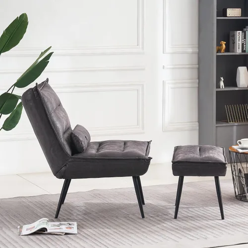 Miniatura 4 de MCombo Wingback - Silla decorativa con otomana, moderna tela bronceadora tapizada para espacios pequeños, sala de estar 4400 (gris oscuro)