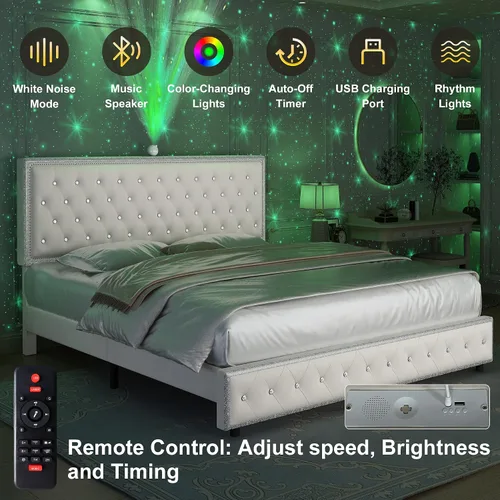Miniatura 4 de Base de cama de plataforma tapizada tamaño Queen con cabecera LED, proyector de estrellas integrado y cabecera ajustable, no necesita somier, fácil