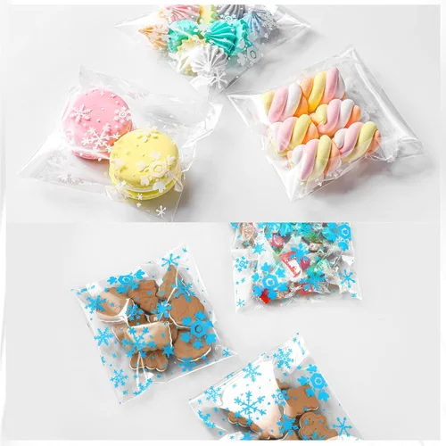 Miniatura 4 de Yinder 500 bolsas de invierno para galletas de invierno, bolsa de celofán con copos de nieve, bolsa de dulces autoadhesiva para suministros de Blanco