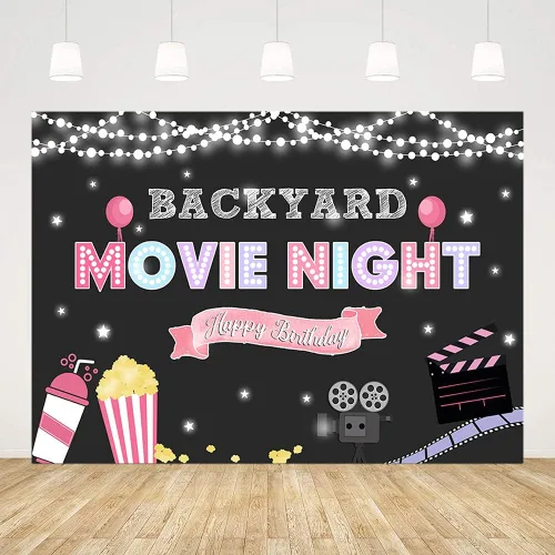 Fondo rosa de 7 x 5 pies con proyector de noche de cine para niñas en el patio trasero, palomitas de maíz, fondo de bebida espumosa, decoración de