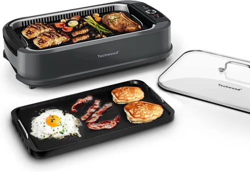 Miniatura 11 de Parrilla para interiores, Techwood 1500W sin humo con tapa de vidrio templado, parrilla eléctrica compacta y portátil antiadherente con control de 6