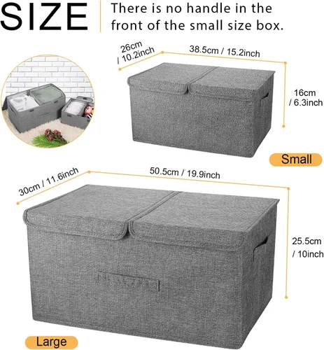 Miniatura 7 de Paquete de 2 cajas de almacenamiento con tapas y asas, contenedores plegables de lino organizadores con divisor extraíble para el hogar, dormitorio