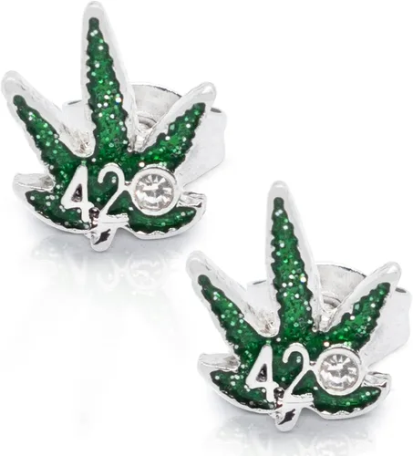 Miniatura 2 de Pierce2GO Aretes tipo dormilona de acero inoxidable con símbolo 420, hoja de maceta verde, aretes de acero quirúrgico para mujeres y hombres, juego