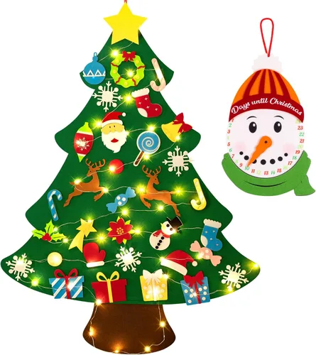 jollylife Juego de árbol de Navidad de fieltro de bricolaje de 0,9 m + Calendario de Adviento de muñeco de nieve - Adornos navideños para colgar en