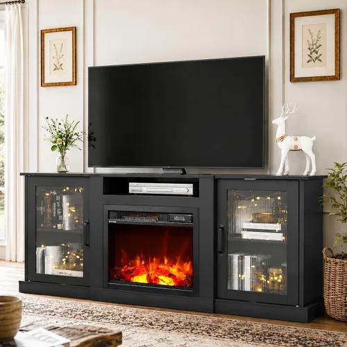 WLIVE Soporte de TV con chimenea para TV de 65 pulgadas, centro de entretenimiento con chimenea eléctrica de llama realista 3D, consola de TV con