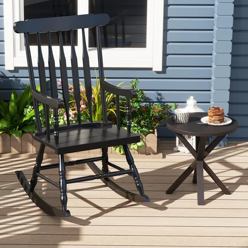 Miniatura 2 de Giantex Mecedora de madera para exteriores, mecedora de patio con marco de madera de goma maciza, respaldo de listones, balancín exterior e
