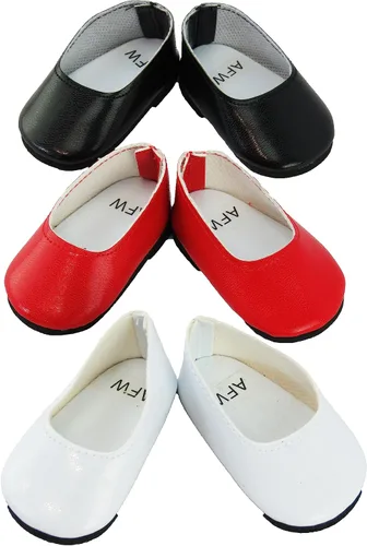 Miniatura 6 de American Fashion World Zapatos planos con lazo de diamante metálico rosa intenso, lavanda y verde azulado para muñecas de 14 pulgadas, paquete de 3