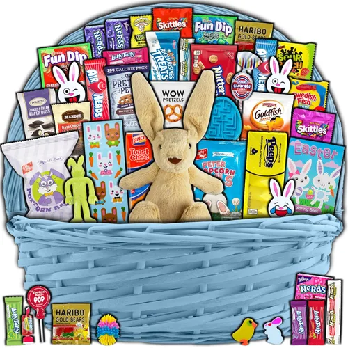 Cesta de Pascua azul para niños y adultos (40 artículos) – Cesta de regalo llena de caramelos, bocadillos, golosinas y conejo de Pascua de peluche