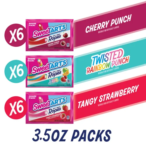 Miniatura 2 de SweeTARTS Ropes Candy, caja variada, suave y masticable, 18 paquetes envueltos individualmente de 3.5 onzas, 63 onzas