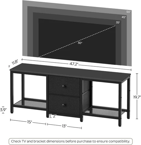 Miniatura 7 de YATINEY - Soporte de TV para televisores de hasta 55 pulgadas, centro de entretenimiento con 2 cajones de tela, consola multimedia con estantes
