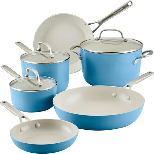 Miniatura 13 de KitchenAid Juego de ollas y sartenes antiadherentes de inducción de cerámica anodizada dura con cacerolas, sartenes, olla y tapas, apto para Agave