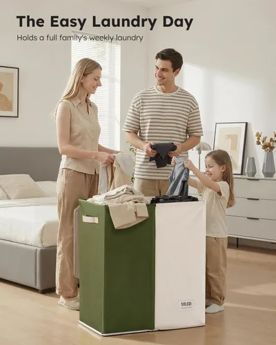 Miniatura 4 de SOLEDI Cesta de lavandería grande doble con tapa, cesta de ropa plegable de 2 secciones con bolsas extraíbles, cesta de lavandería que ahorra