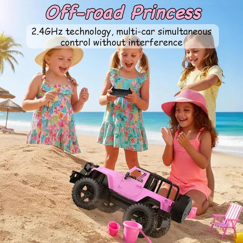 Miniatura 6 de DOUBLE E Jeep con licencia de escala 1:14 en color rosa, coche de control remoto para niñas con pegatinas DIY, diseño de techo abierto, camioneta RC
