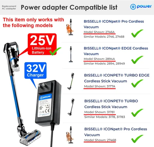 Miniatura 3 de T POWER Cargador de 32 V para Bissell ICONpet Pro 2746 27468 2746A Edge 2894 2894A Aspirador inalámbrico Stick 1620774 SIL SSC-320110US borrador