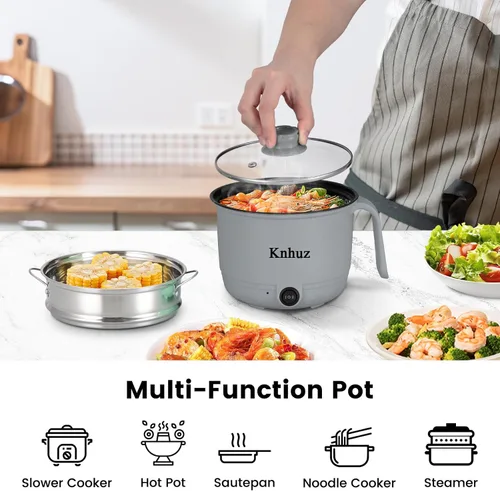Miniatura 2 de Olla eléctrica caliente con vaporizador, cocina rápida de ramen, mini olla eléctrica de autocalentamiento portátil de 1.8L para cocinar fideos, Gris