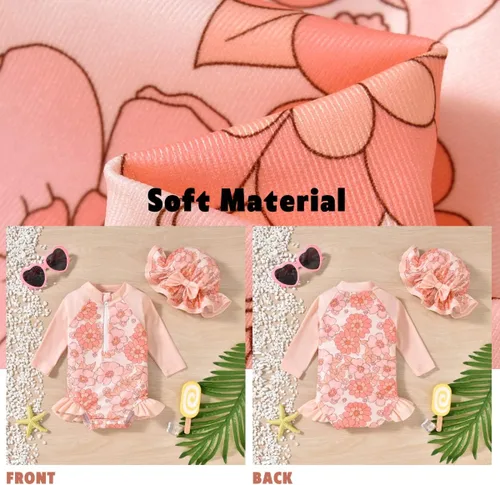 Miniatura 3 de Aalizzwell - Traje de baño de una pieza de manga larga para bebé niña con sombrero