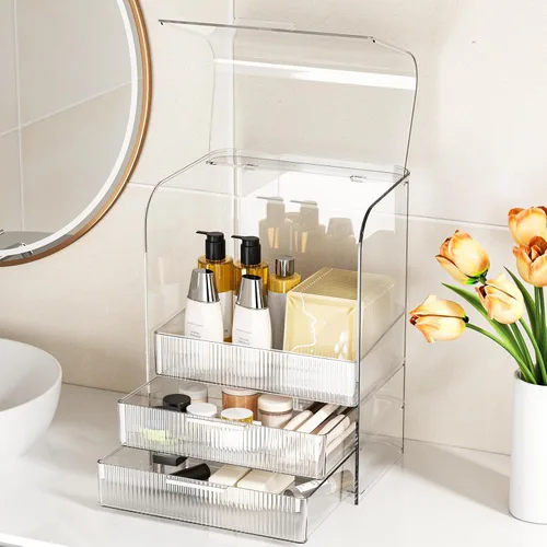 Miniatura 2 de GearFusion Organizador de Cosméticos Transparente de 3 Niveles, Estuche Expositor de Maquillaje con Tapa y Cajones, Caja de Almacenamiento