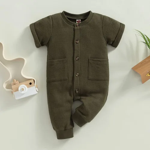 Miniatura 3 de Mubineo Mameluco de manga corta para bebé, niño, niña, verano, otoño, básico, liso, con botones